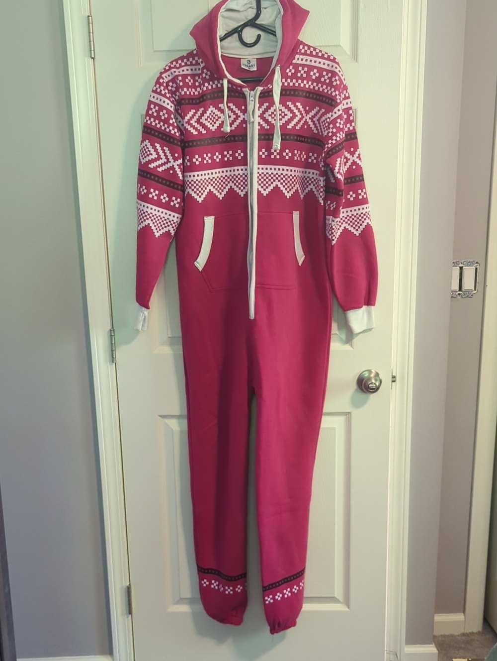 Women’s Pink Fair Isle Hooded Onesie Pajama - Cozy Zip Front